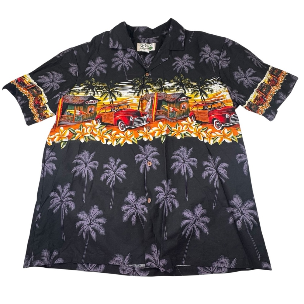 Vintage KY'S Hawaiian Shirt Men's Large 100% Cotton Trucks Palm Trees Surf USA